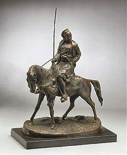 Bronze horse - A young woman ride her horse with long stick in hand